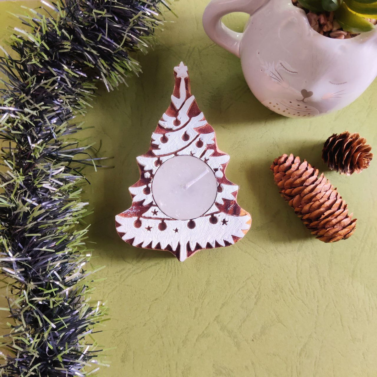 Christmas Tree - Wooden Block Print Tealight (Christmas Essential)