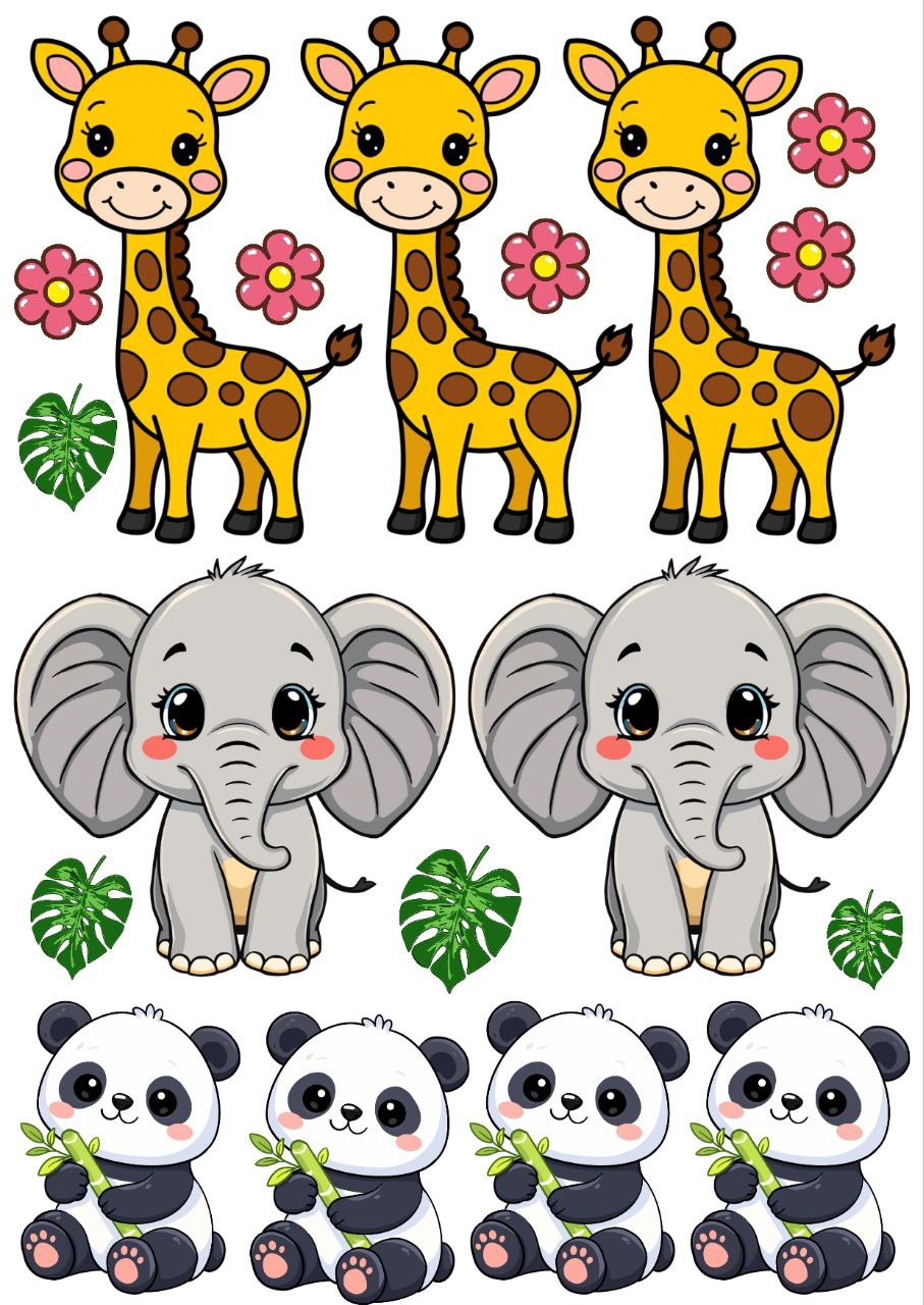 Cute Giraffe Elephant Panda - Press N Peel Stickers (UV DTF) Size A6