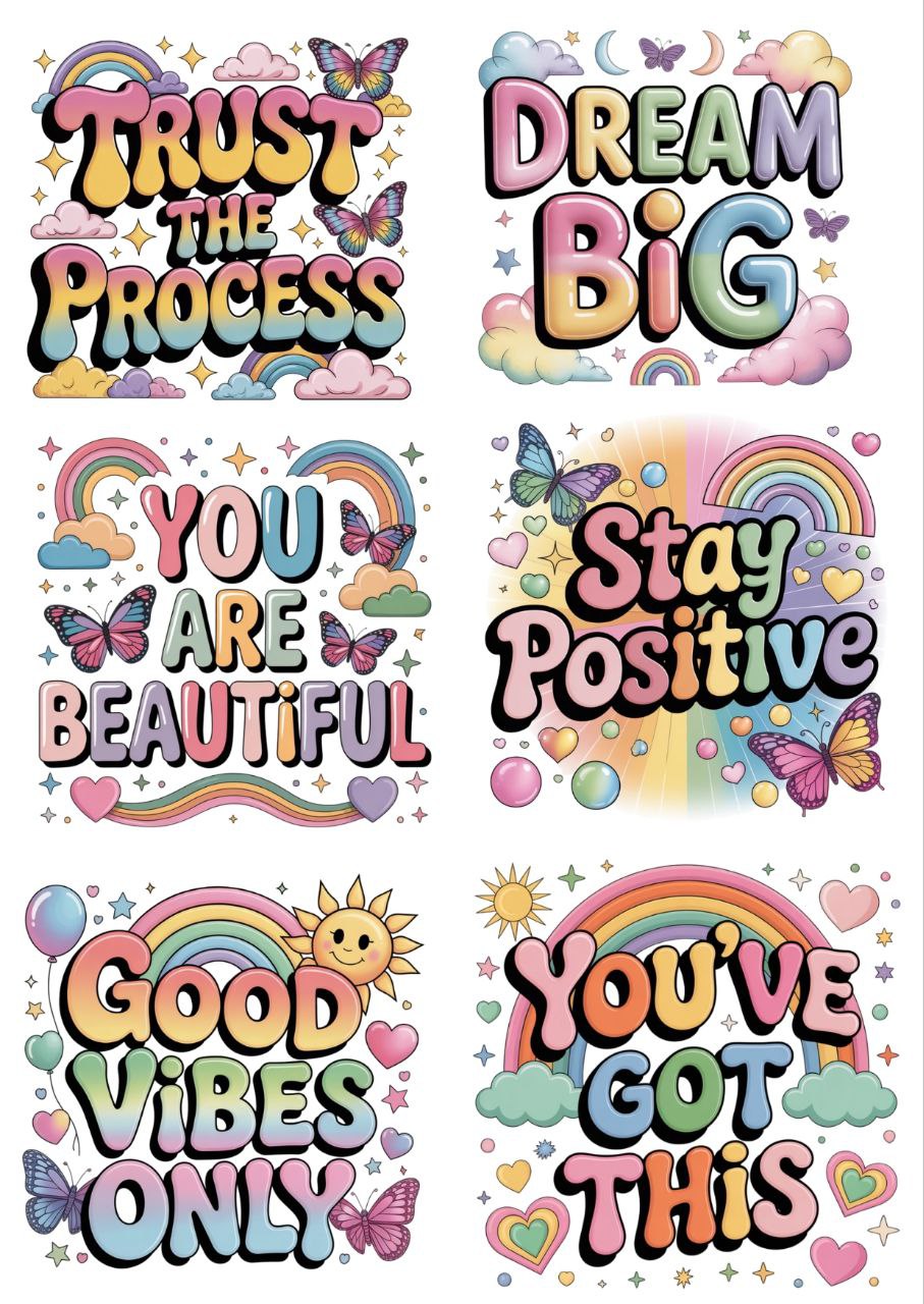 Cute Rainbow Motivational Quote 60s pop - Press N Peel Stickers (UV DTF) Size A6