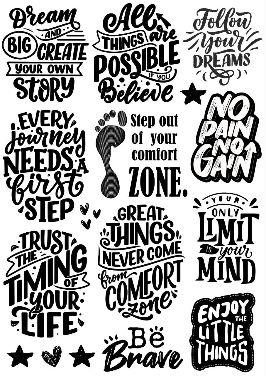 Dream Big Motivational Quotes - B&W - Press N Peel Stickers (UV DTF) Size A6