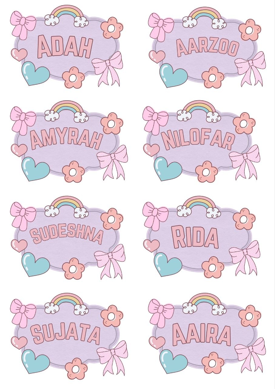 Girly Badge - Personalised DTF Press n Peel Stickers (A6) 8 Names