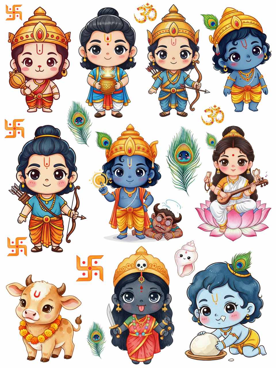 Gods and Goddesses - Hindu Deities Chibi Art - Instant Transfer Sheet