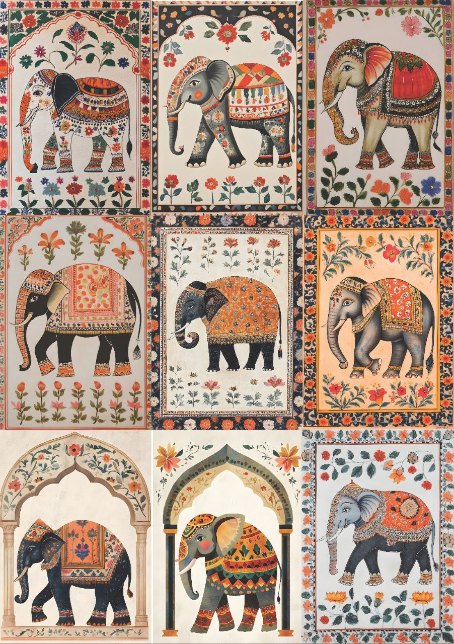 Imperial Elephants 2 - Indian Folk Art (9 in 1 - Decoupage Paper)