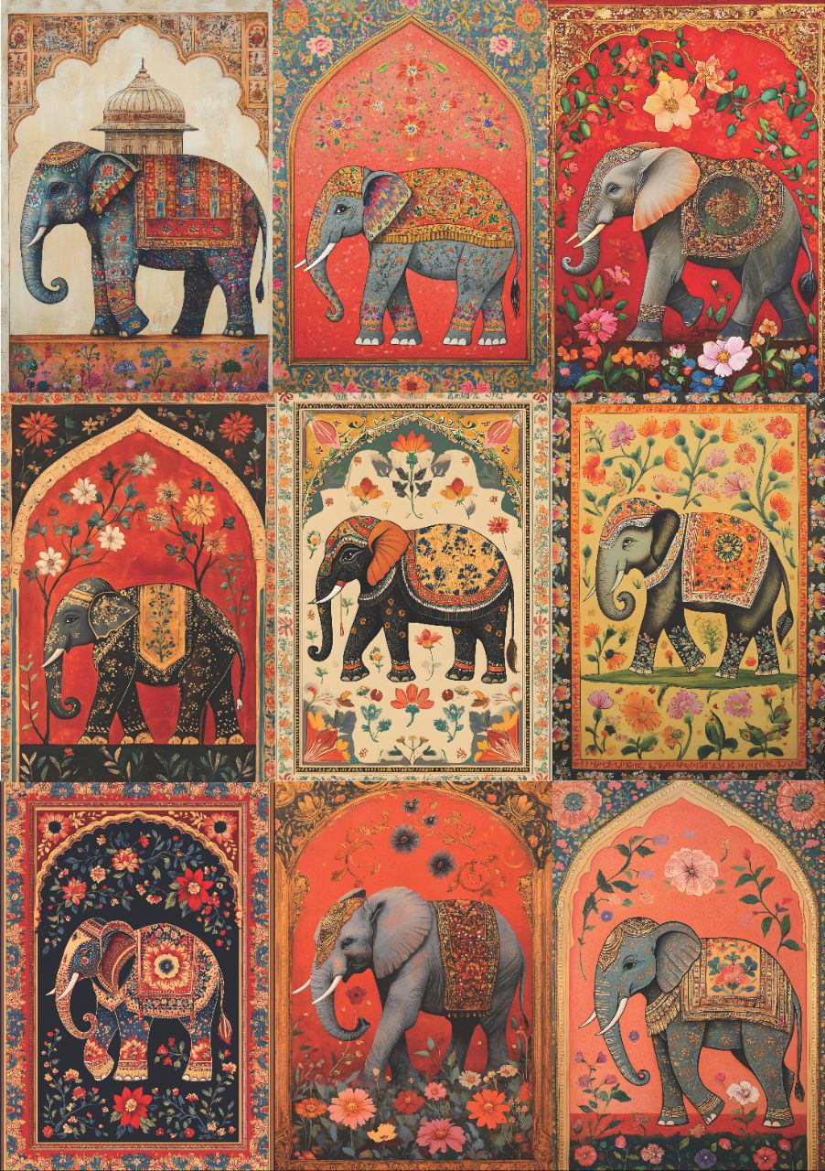 Imperial Elephants - India Folk Art (9 in 1 - Decoupage Paper)