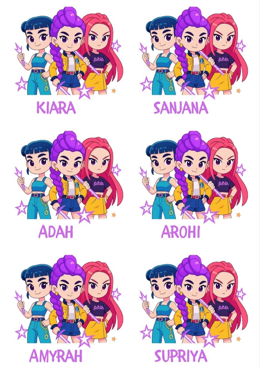 KPop Demon Hunters - Personalised DTF Press n Peel Stickers (A6) 6 Names