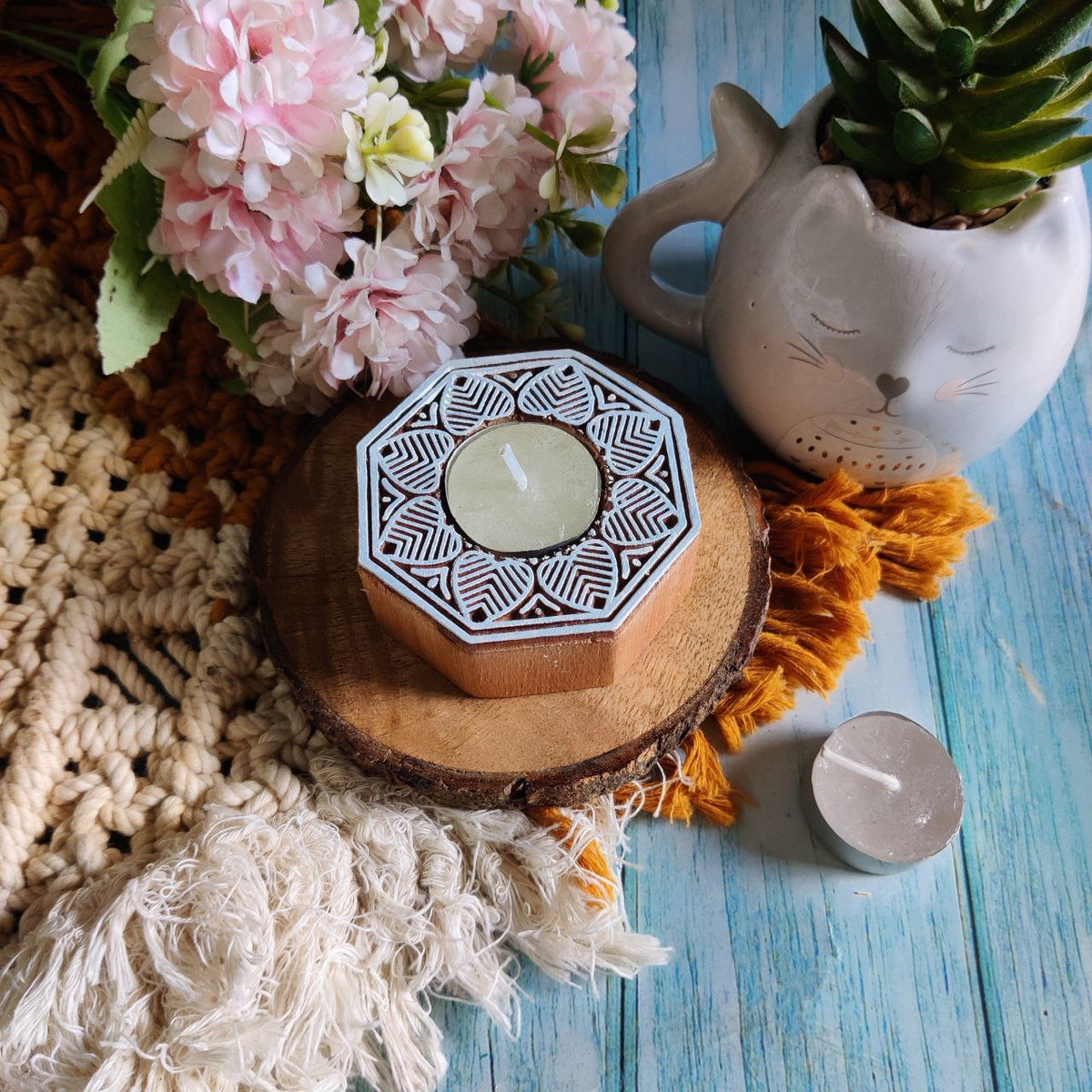 Octagonal Leaves - Feng Shui (Wooden Block Printing Stamp & Tea Light holder)