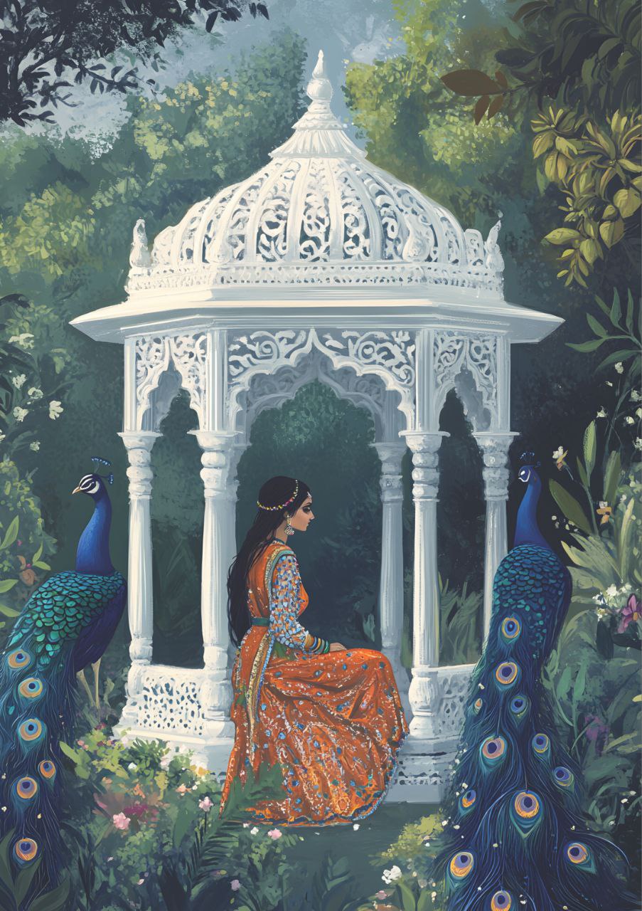 Peacock Singer - Royal Desi Indian Woman (Full Size - Decoupage Paper)