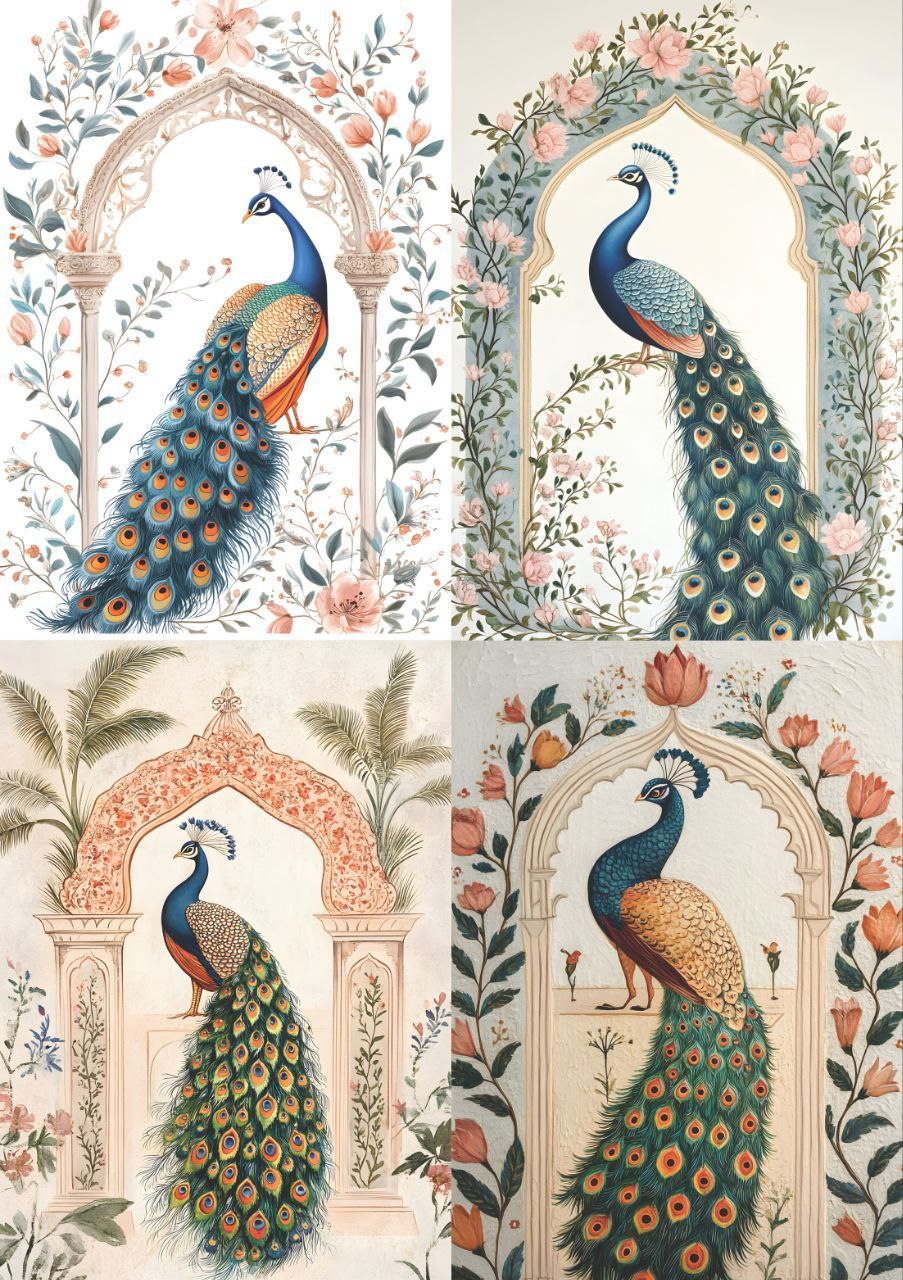 Peacock in Garden - Floral Jharokha (4 in 1 - Decoupage Paper)