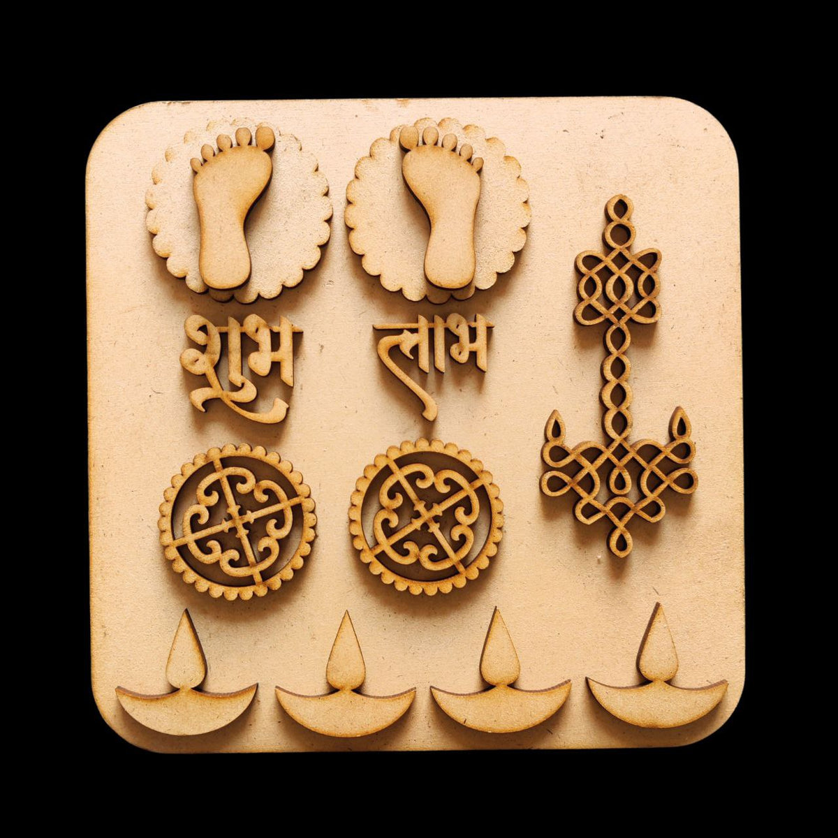 Square Shubh Labh - Platter with Embellishments & Tealight Holder (MDF Festive)