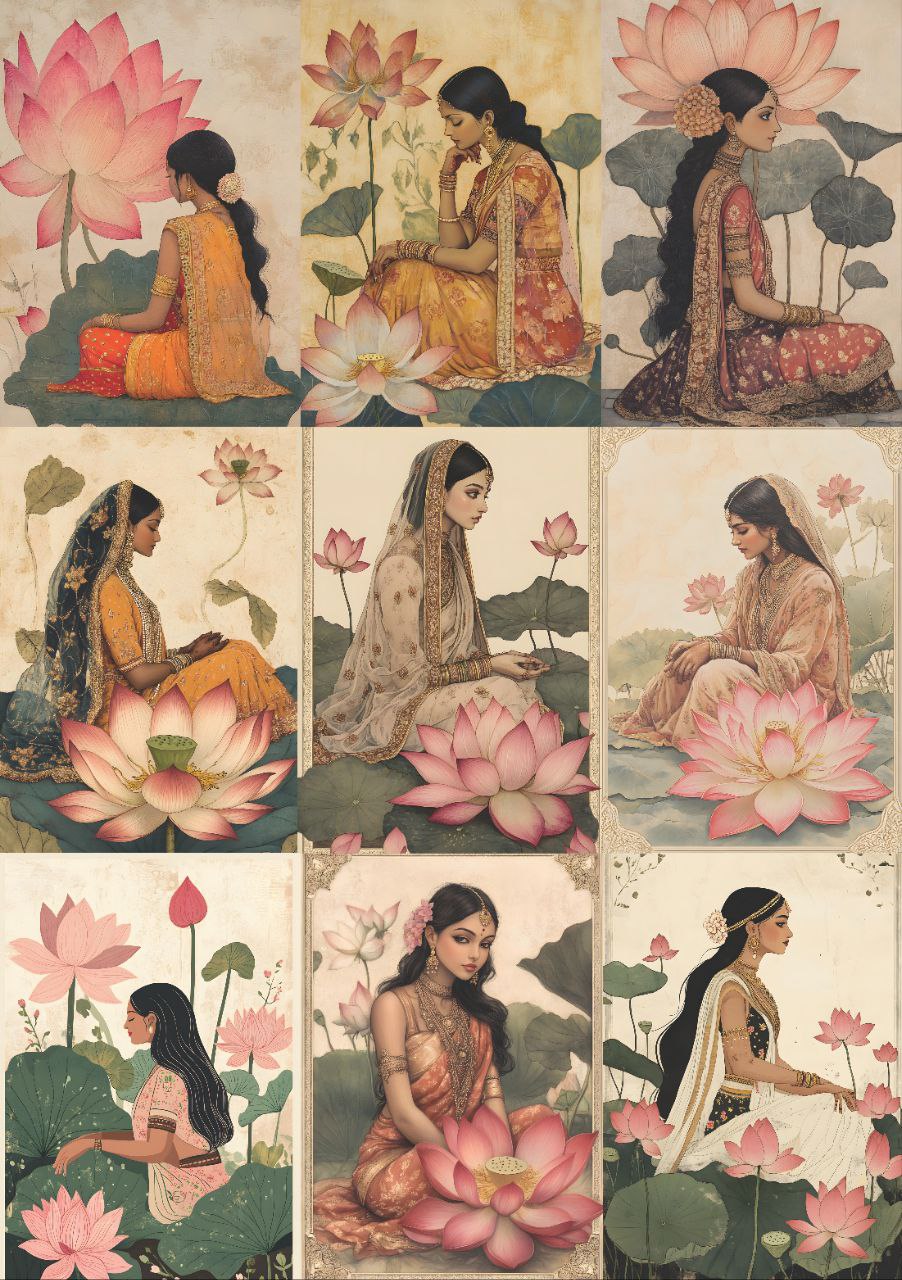 Queen Lotus Beauties - Indian Women Folk Art (9 in 1 - Decoupage Paper)