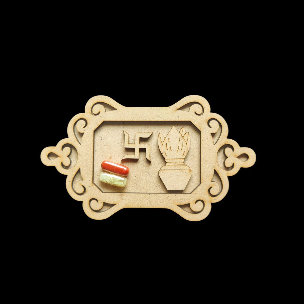 Victorian Cutwork Tray with Kalash & Swastika (MDF Mini Roli chawal platter) Festive Collection