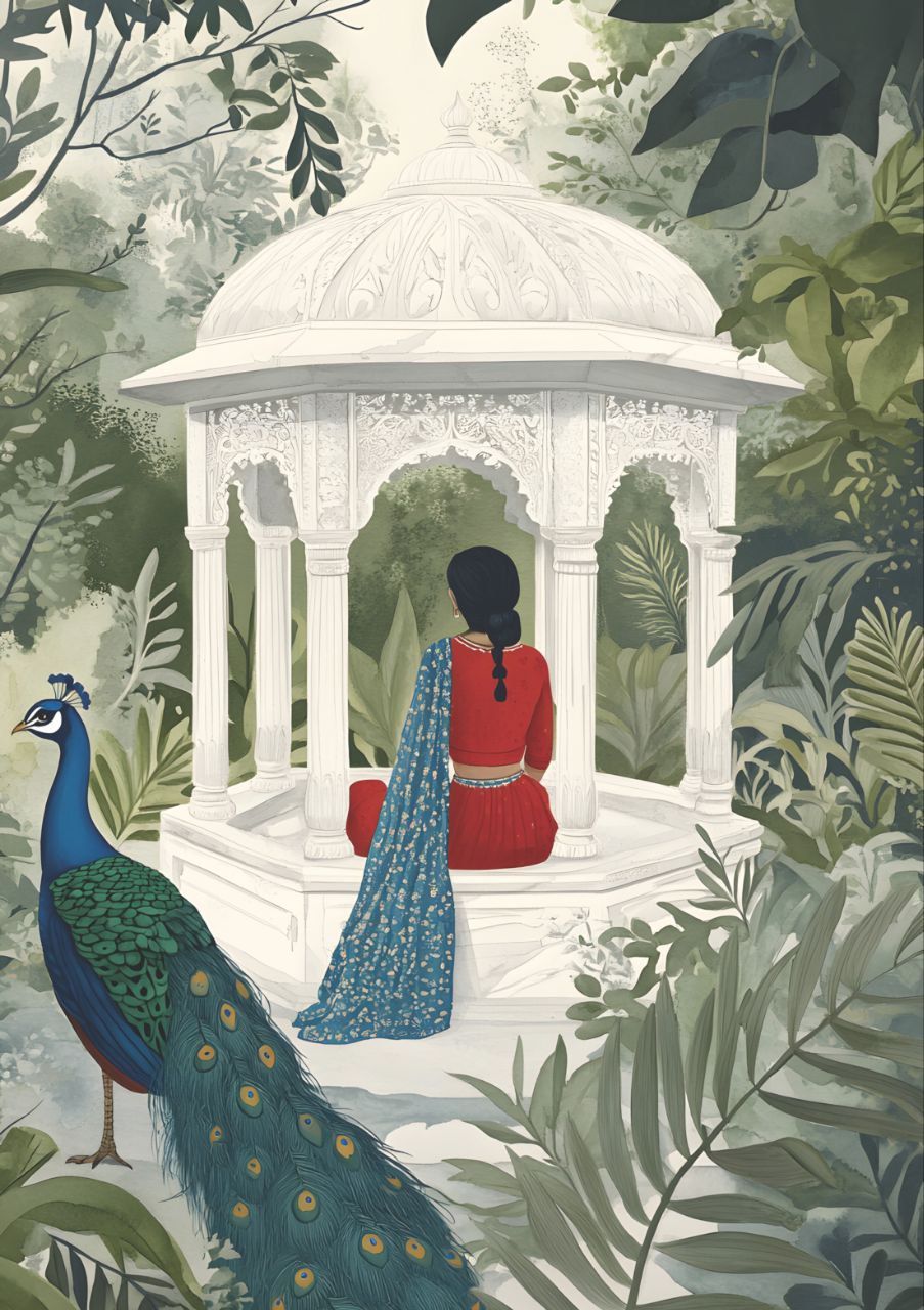 Red Riddler - Desi Woman and Peacock (Full Size - Decoupage Paper)