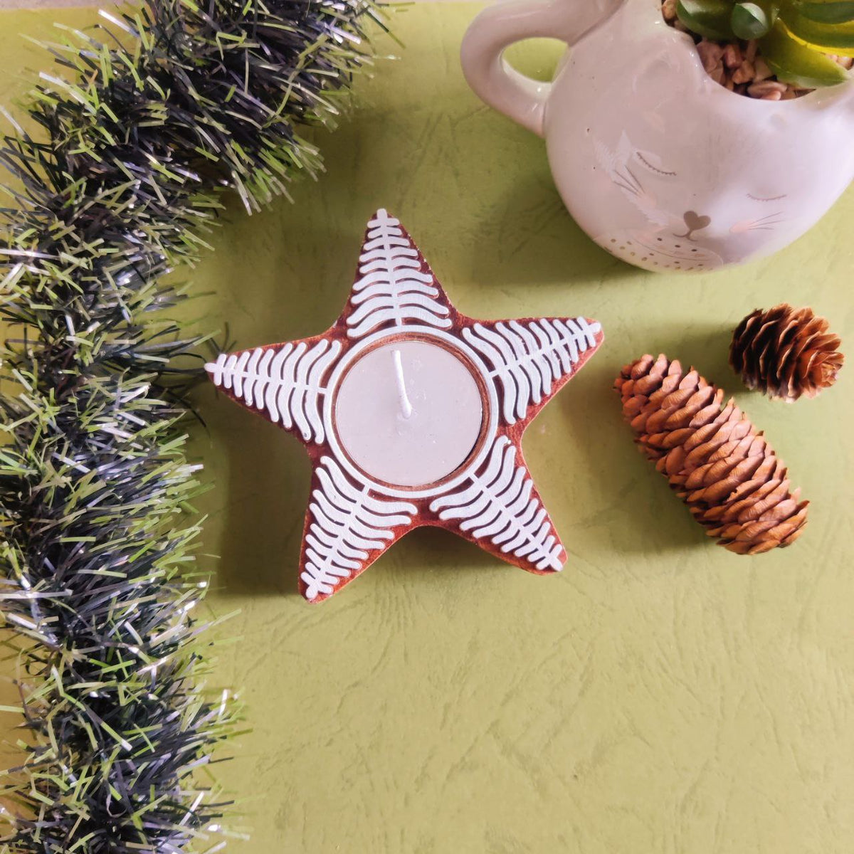Star - Wooden Block Print Tealight (Christmas Essential)