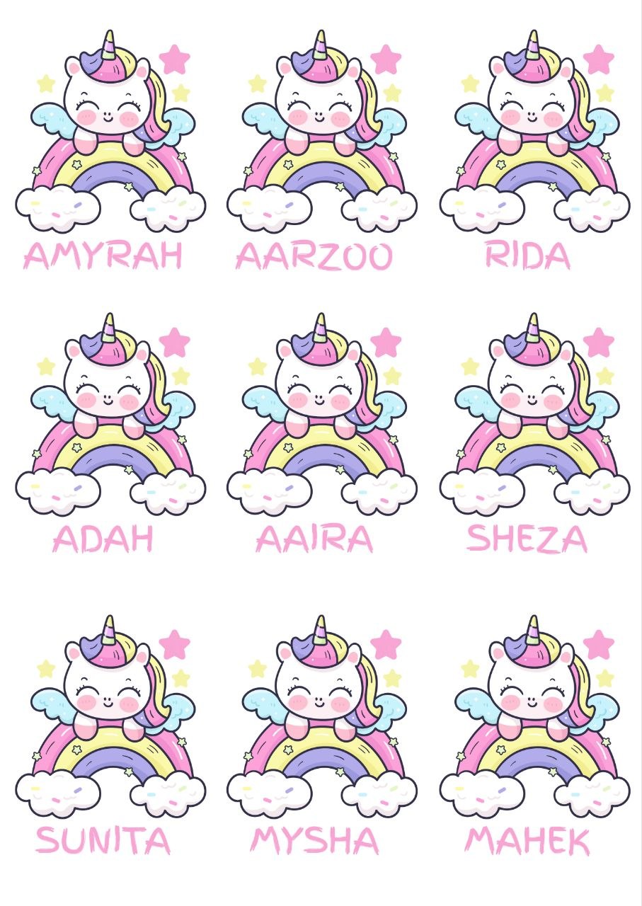 Unicorn Rainbow - Personalised DTF Press n Peel Stickers (A6) 9 Names