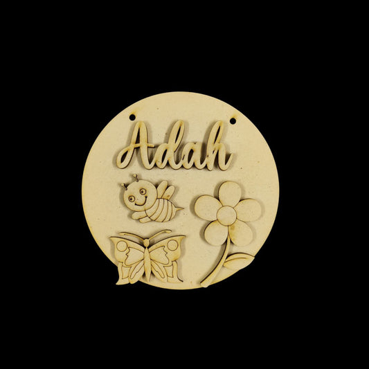 Butterfly Bee Flower ( MDF Kids Mini Name Plates ) Personalised