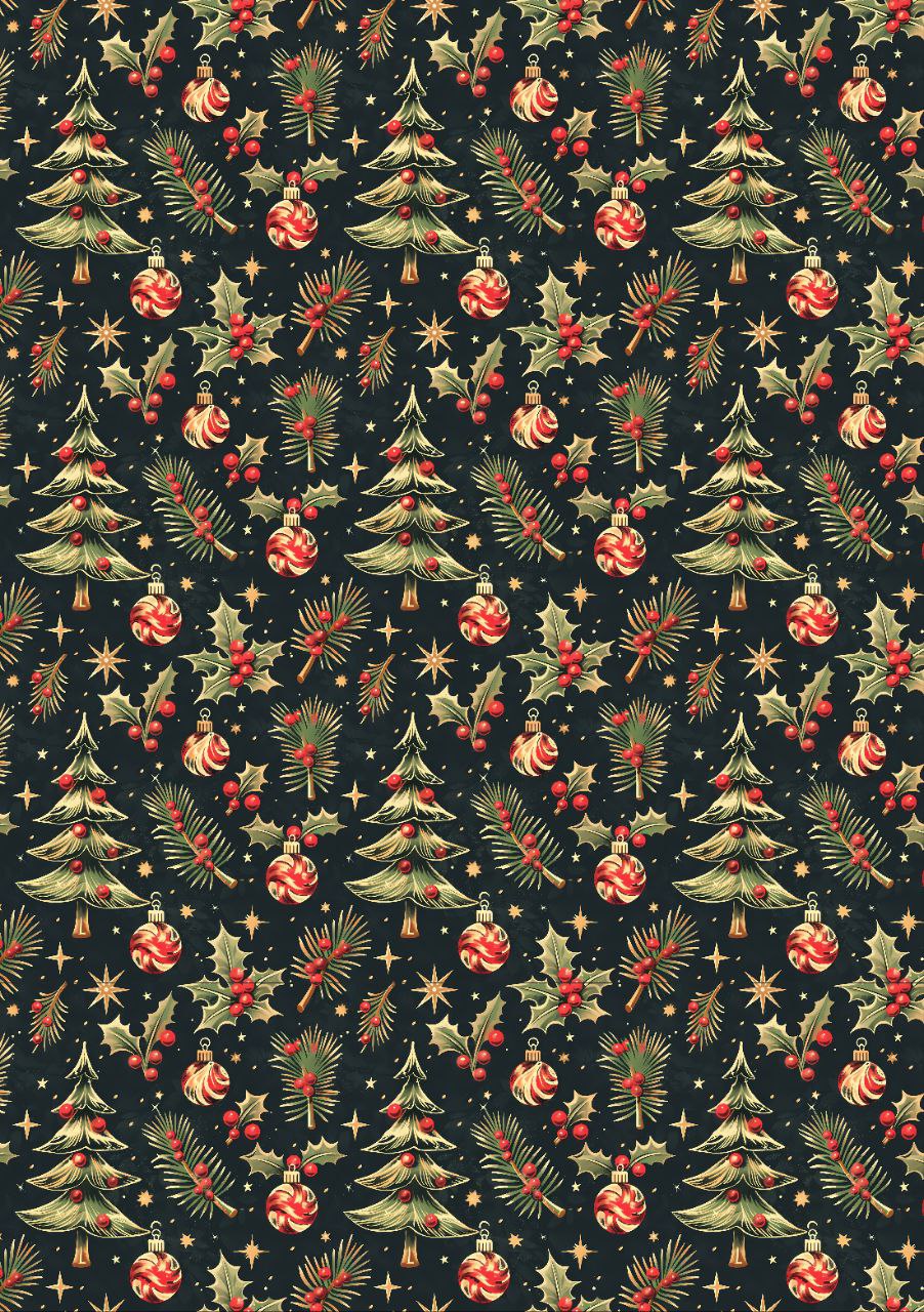Christmas Tree, Berries, Baubles - Seamless (Decoupage Paper)