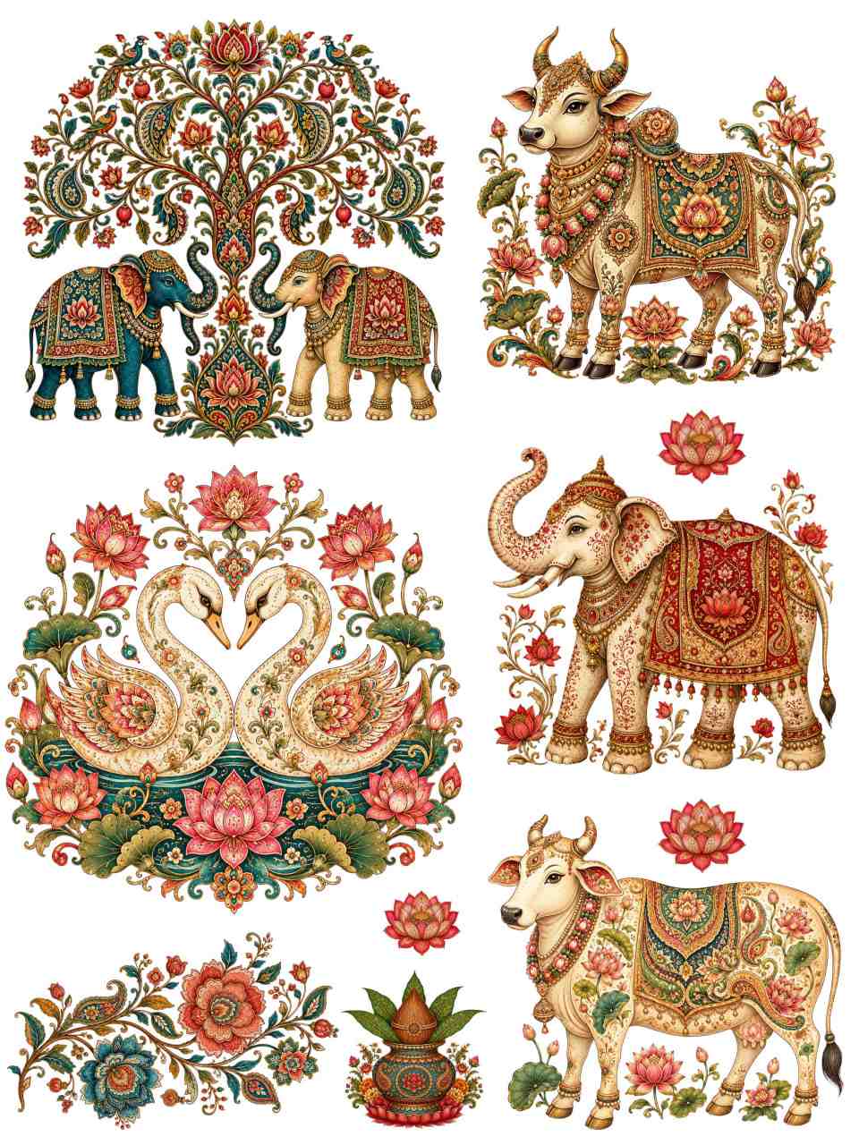 Cow Elephant Folk Kalamkari - Instant Transfer Sheet