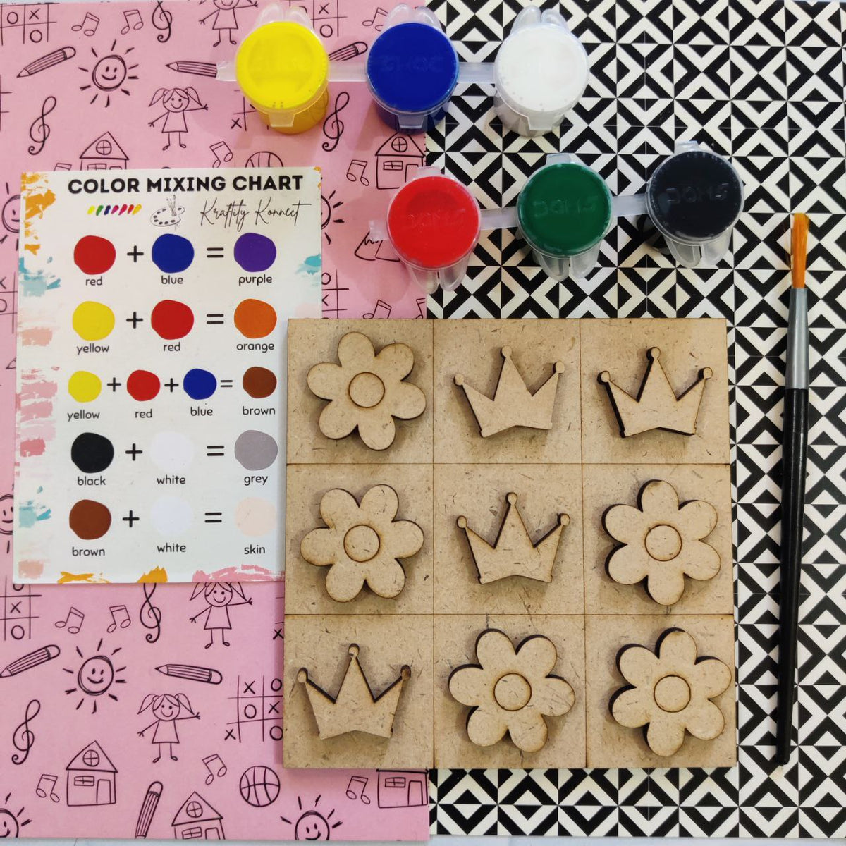 Crown & Flower (DIY Tic Tac Toe Kit - MDF)