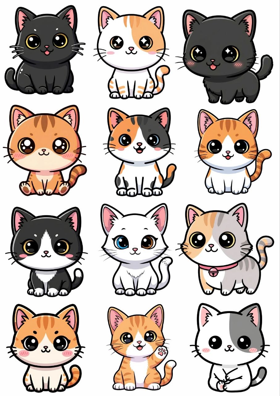 Cute Cats Kawaii – Press N Peel Stickers (UV DTF) Size A6
