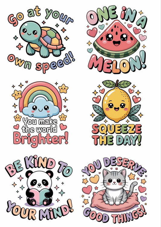 Cute Feel Good Motivational Quotes - Press N Peel Stickers (UV DTF) Size A6