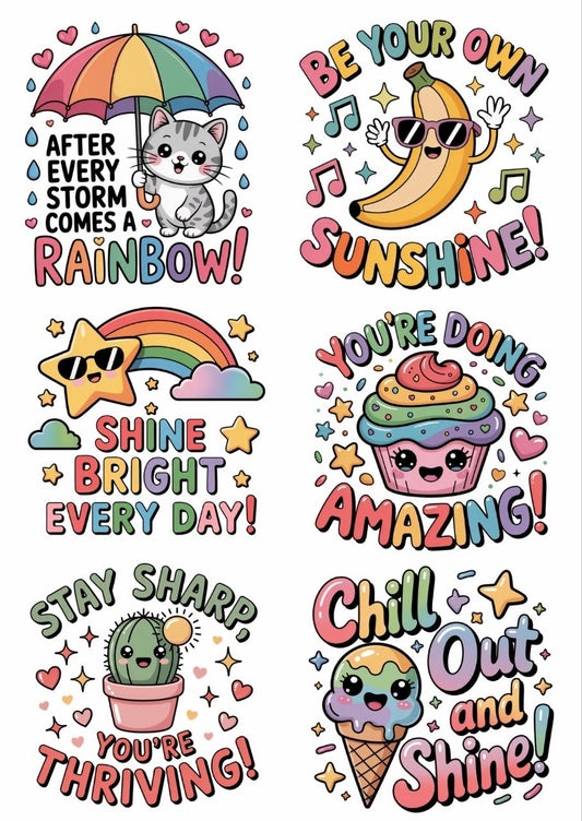 Cute Feel Good Quotes – Press N Peel Stickers (UV DTF) Size A6