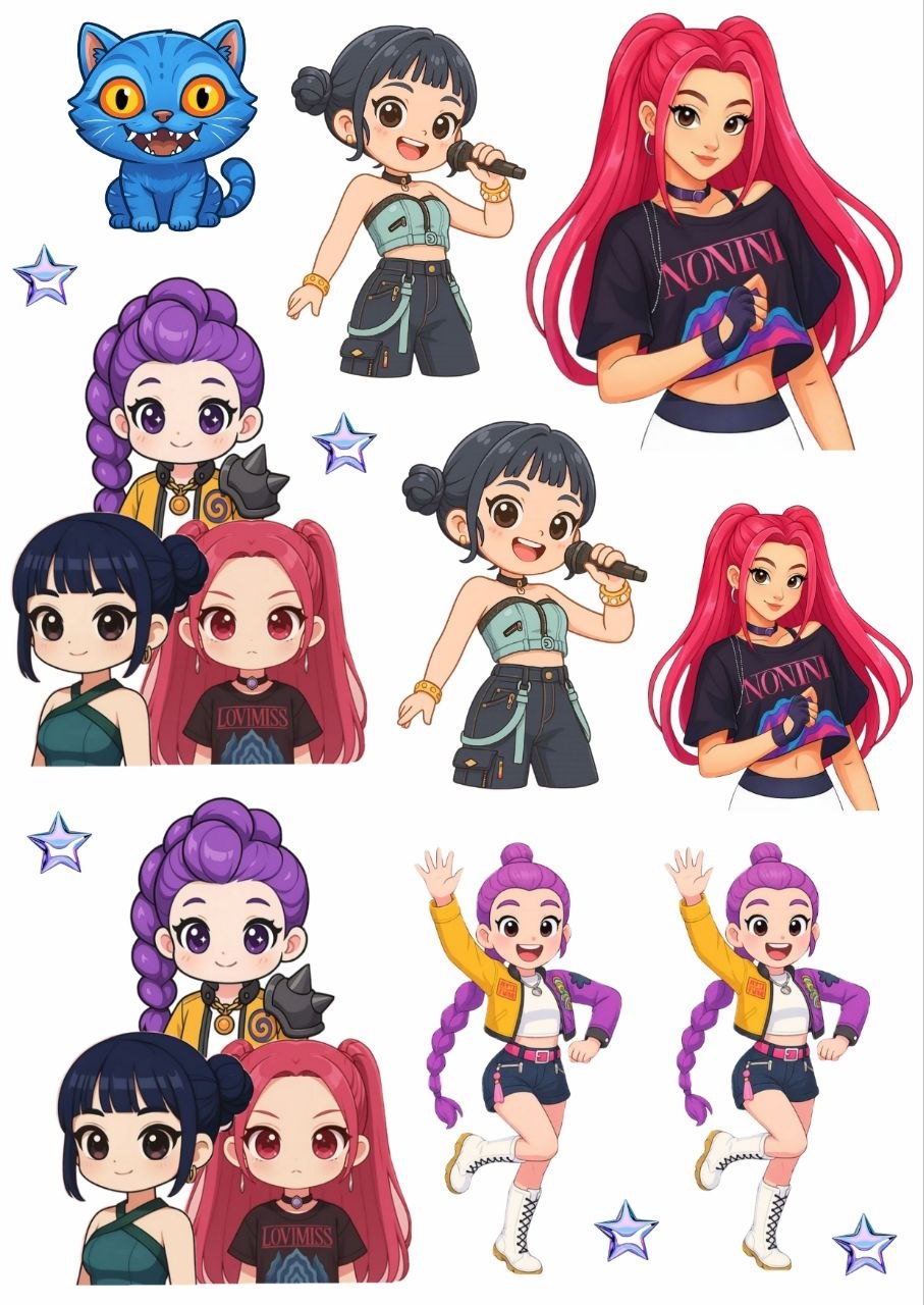 Cute K-pop Demon Hunters – Press N Peel Stickers (UV DTF) Size A6