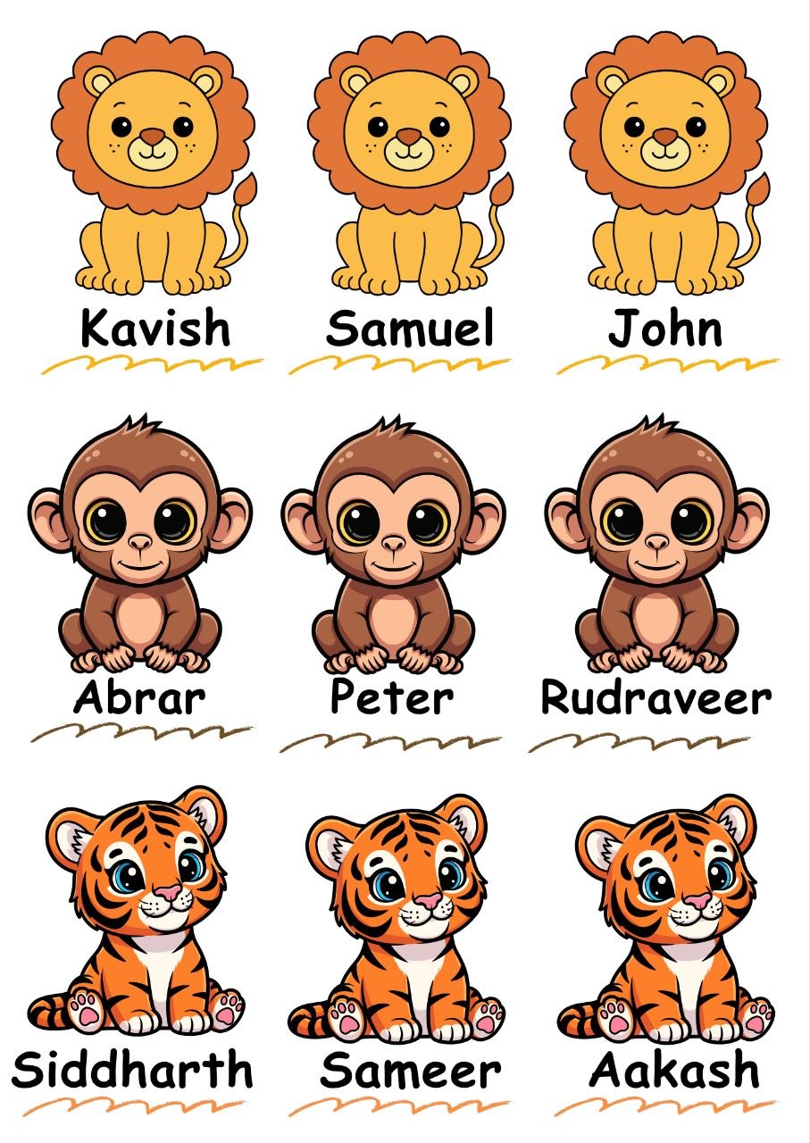 Cute Lion Monkey Tiger - Personalised Stickers (A6) 9 Names
