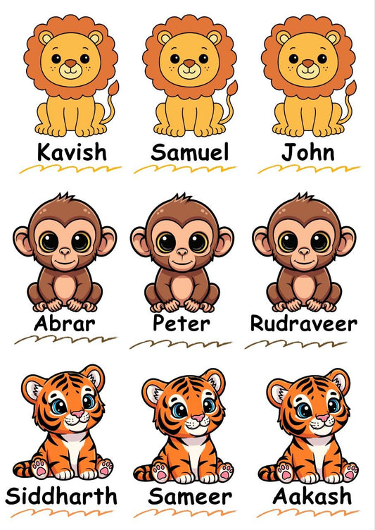 Cute Lion Monkey Tiger - Personalised Stickers (A6) 9 Names