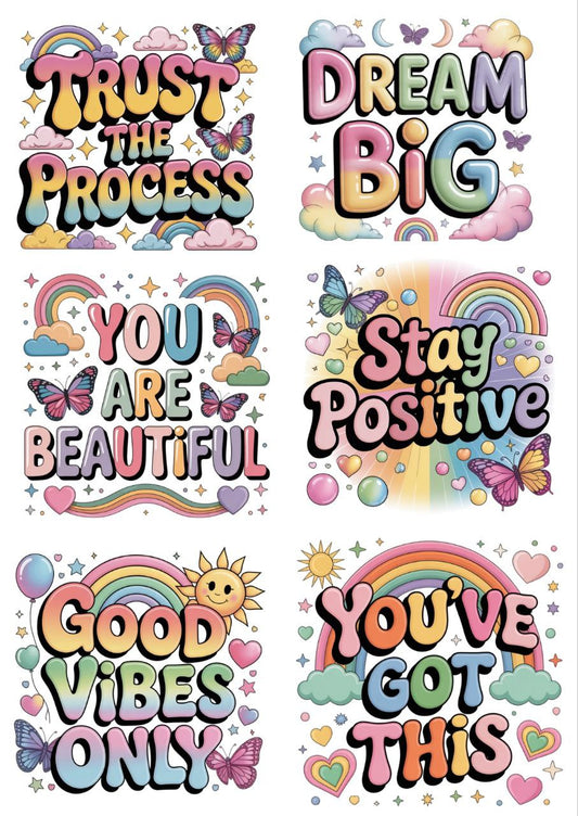 Cute Rainbow Motivational Quote 60s pop - Press N Peel Stickers (UV DTF) Size A6