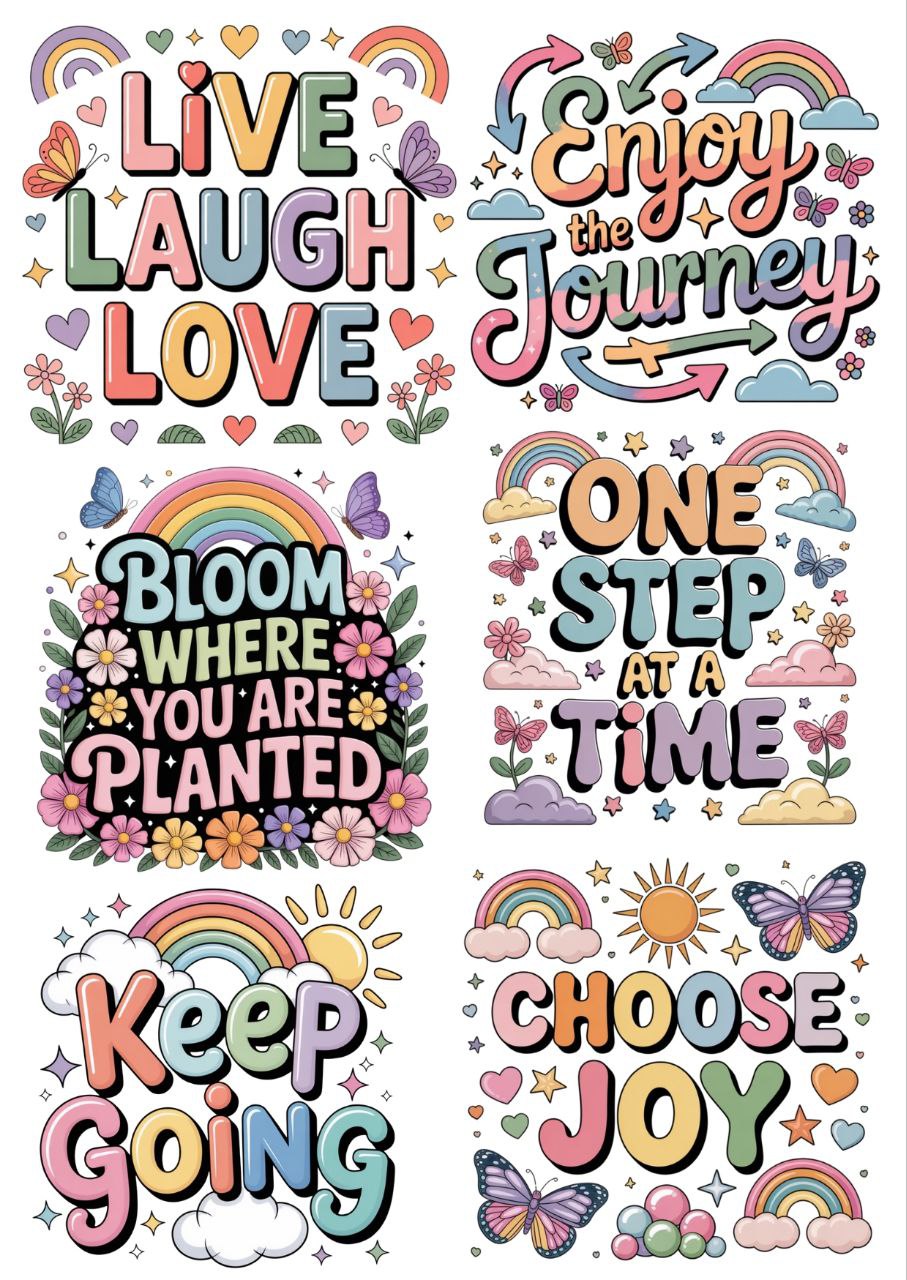 Cute Rainbow Motivational Quotes 60s pop - Press N Peel Stickers (UV DTF) Size A6