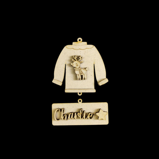 Cute Reindeer - Fleece Sweater Jacket Ornament - Personalised - Christmas (MDF)