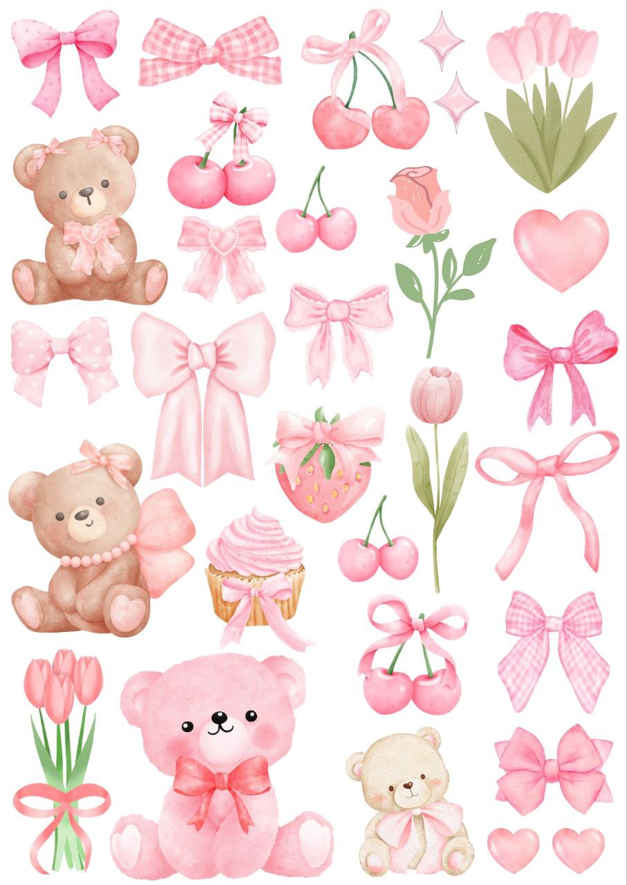 Cute Teddy Bow Cherry Tulip - Press N Peel Stickers (UV DTF) Size A6