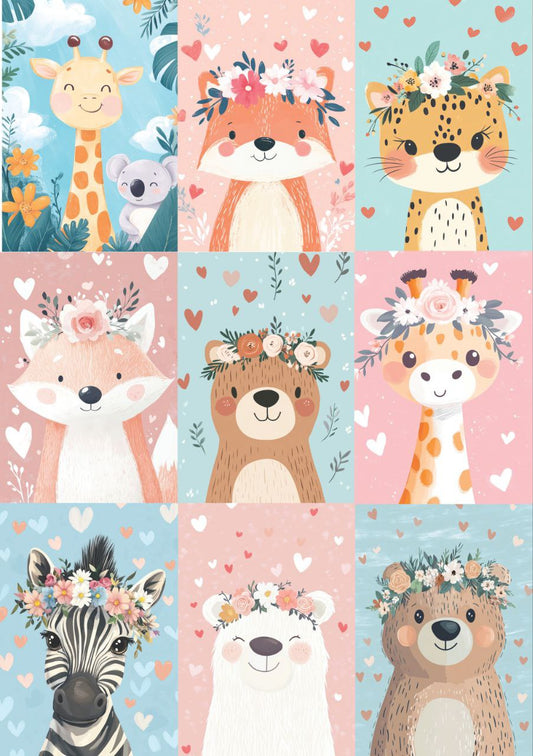 Cute Wild Animals - Floral Girly (Decoupage Paper)9in1