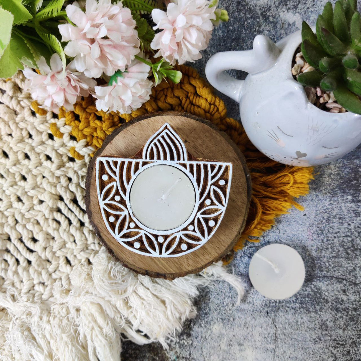 Diya Wooden Tealight (block printing wooden tealight holder)