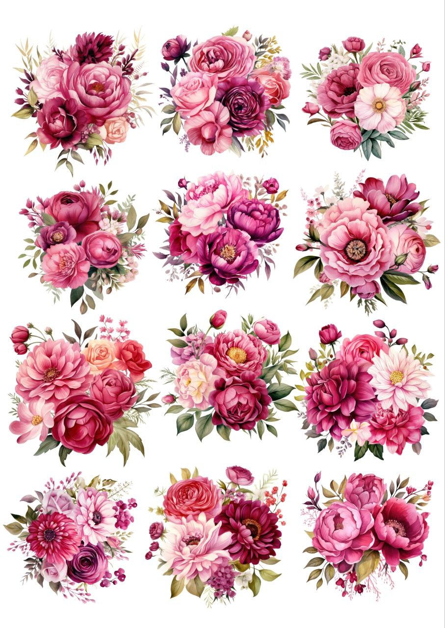 Floral Bunch mix Pink - Press N Peel Stickers (UV DTF) Size A6