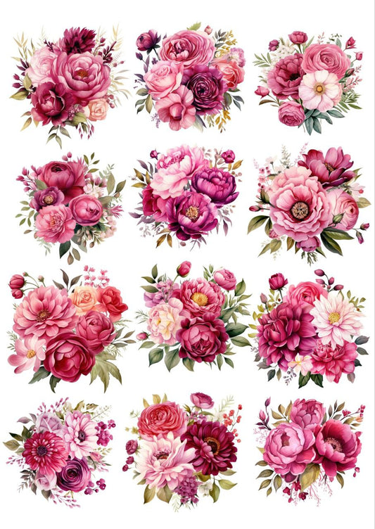 Floral Bunch mix Pink - Press N Peel Stickers (UV DTF) Size A6