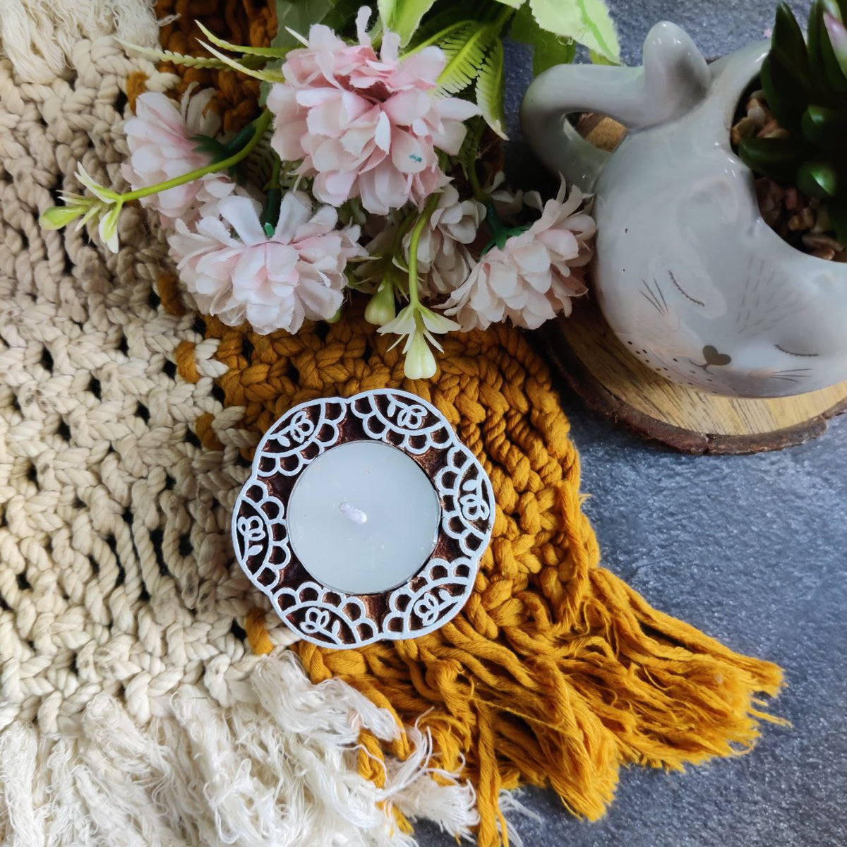 Floral Flower Corners (Wooden Block Print Tea Light holder)