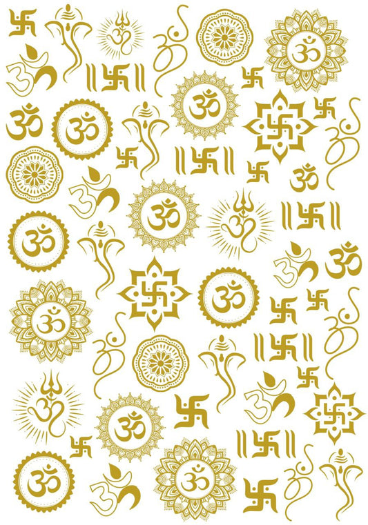 Ganesha Om & Swastika Elements | Metallic Gold Colour (Instant Transfer Sheet)