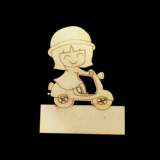 Girl Riding Moped (Mini Name Board - MDF) Personalised