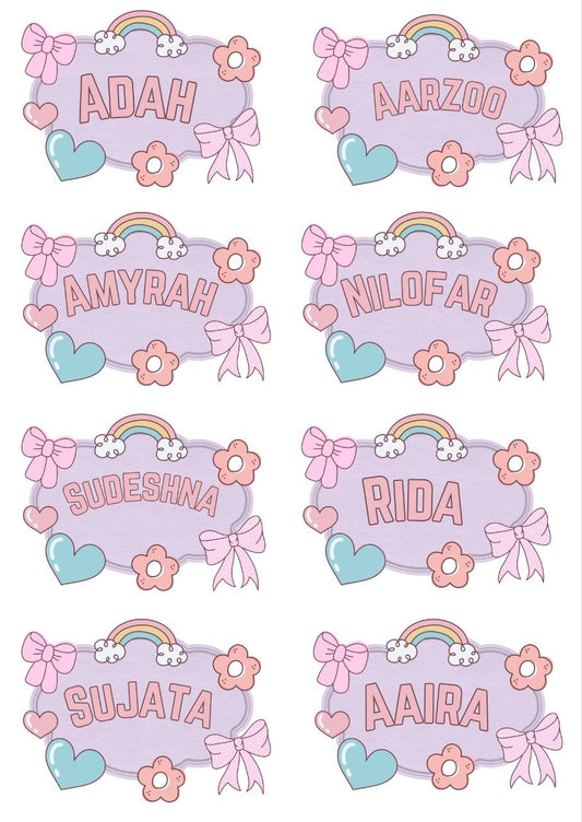 Girly Badge - Personalised DTF Press n Peel Stickers (A6) 8 Names