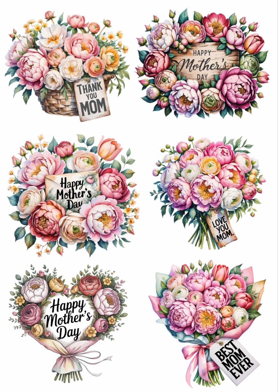 Happy Mother's Day Floral Bouquet - Press N Peel Stickers (UV DTF) Size A6