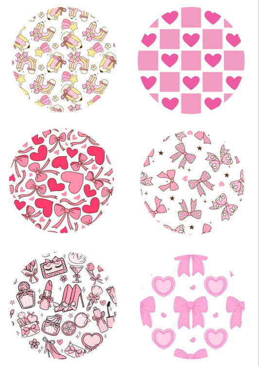 Hearts n Bows n Girly Stuff - Rounds - Press N Peel Stickers (UV DTF) Size A6