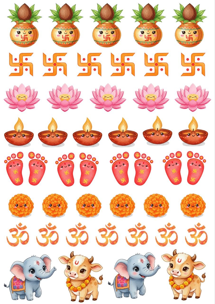 Kalash Swastika Lotus Diya Om Footprint Elements - (UV DTF) Size A6