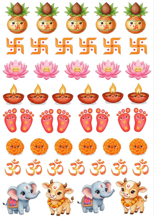Kalash Swastika Lotus Diya Om Footprint Elements - (UV DTF) Size A6