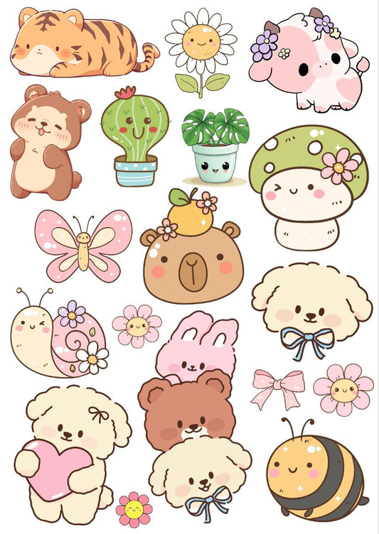 Kawaii style Animals cute - Press N Peel Stickers (UV DTF) Size A6
