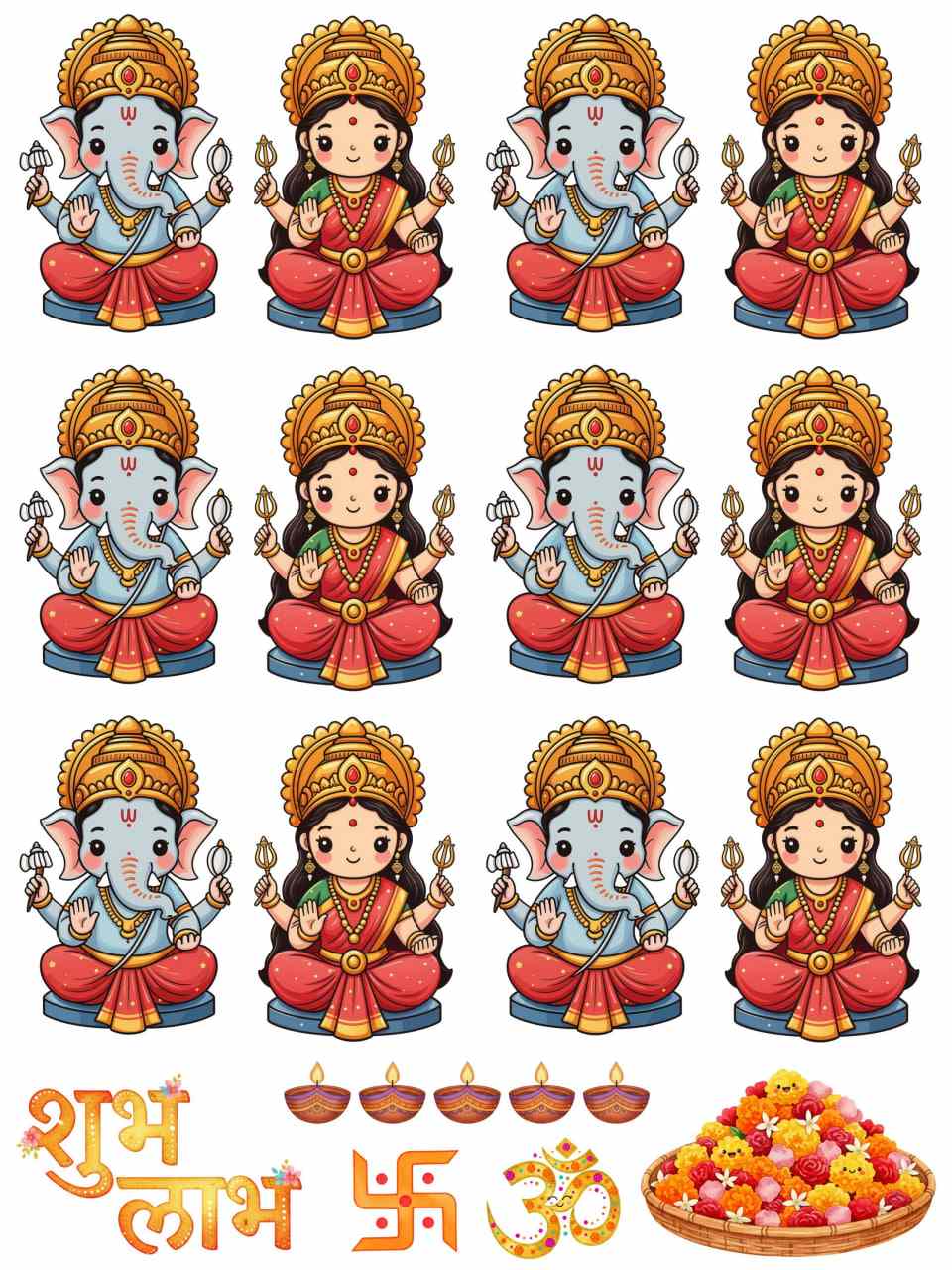 Lakshmi Ganesha Shubh Labh Swastika Om Diya - Instant Transfer Sheet
