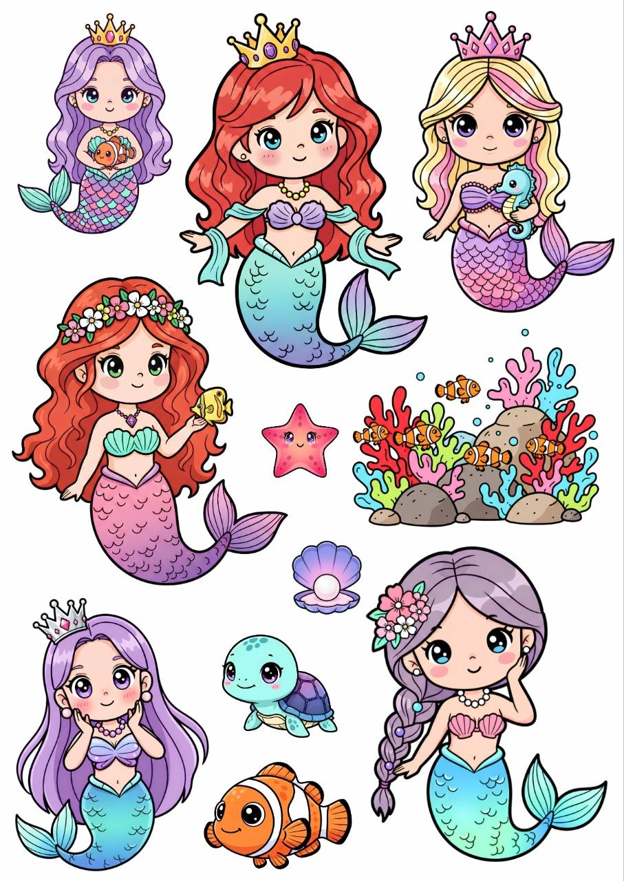 Little Mermaid Princess elements 1 – Press N Peel Stickers (UV DTF) Size A6