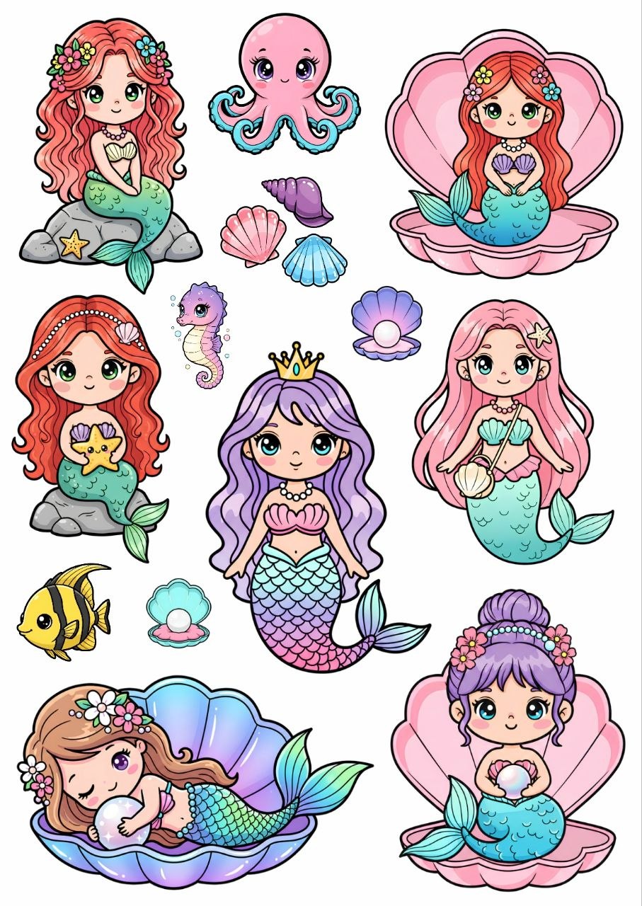 Little Mermaid Princess elements – Press N Peel Stickers (UV DTF) Size A6