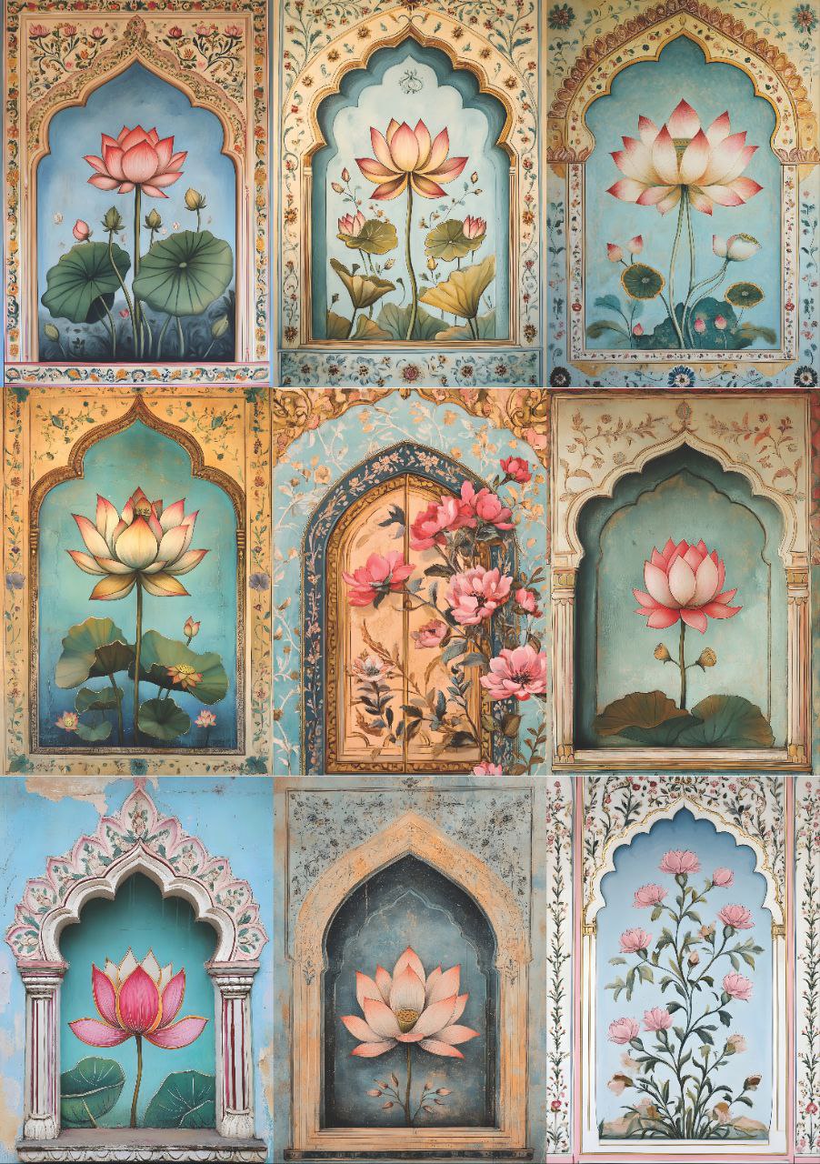 Lotus Gardenia - Jharokha (9 in 1 - Decoupage Paper)