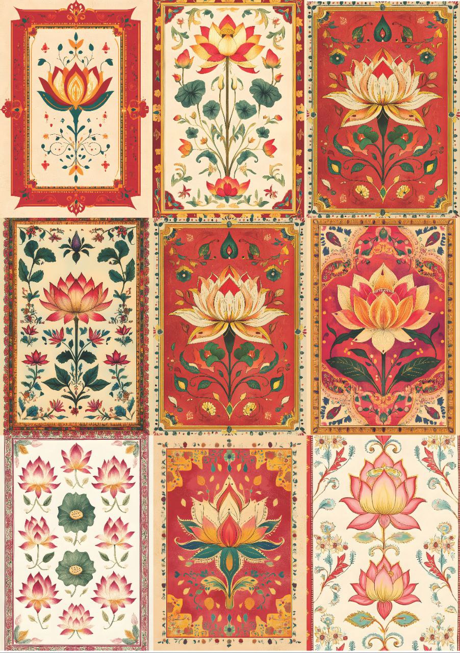 Lotus - Indian Folk Art (9 in 1 - Decoupage Paper)